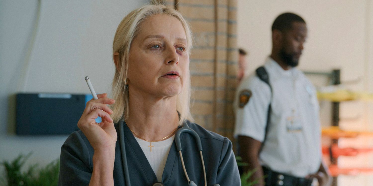 Dana Evans (Katherine LaNasa) with a black eye, smoking in The Pitt Season 1 Ep 11
