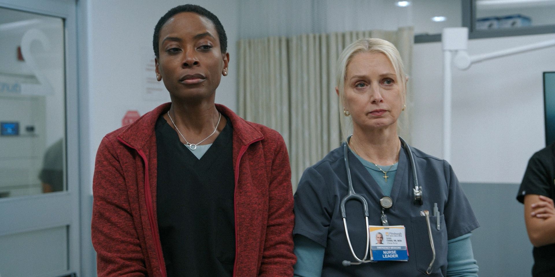 Dr. Heather Collins (Tracy Ifeachor) and Nurse Dana Evans (Katherine LaNasa) looking downcast in The Pitt Season 1 Ep 9Image via Max