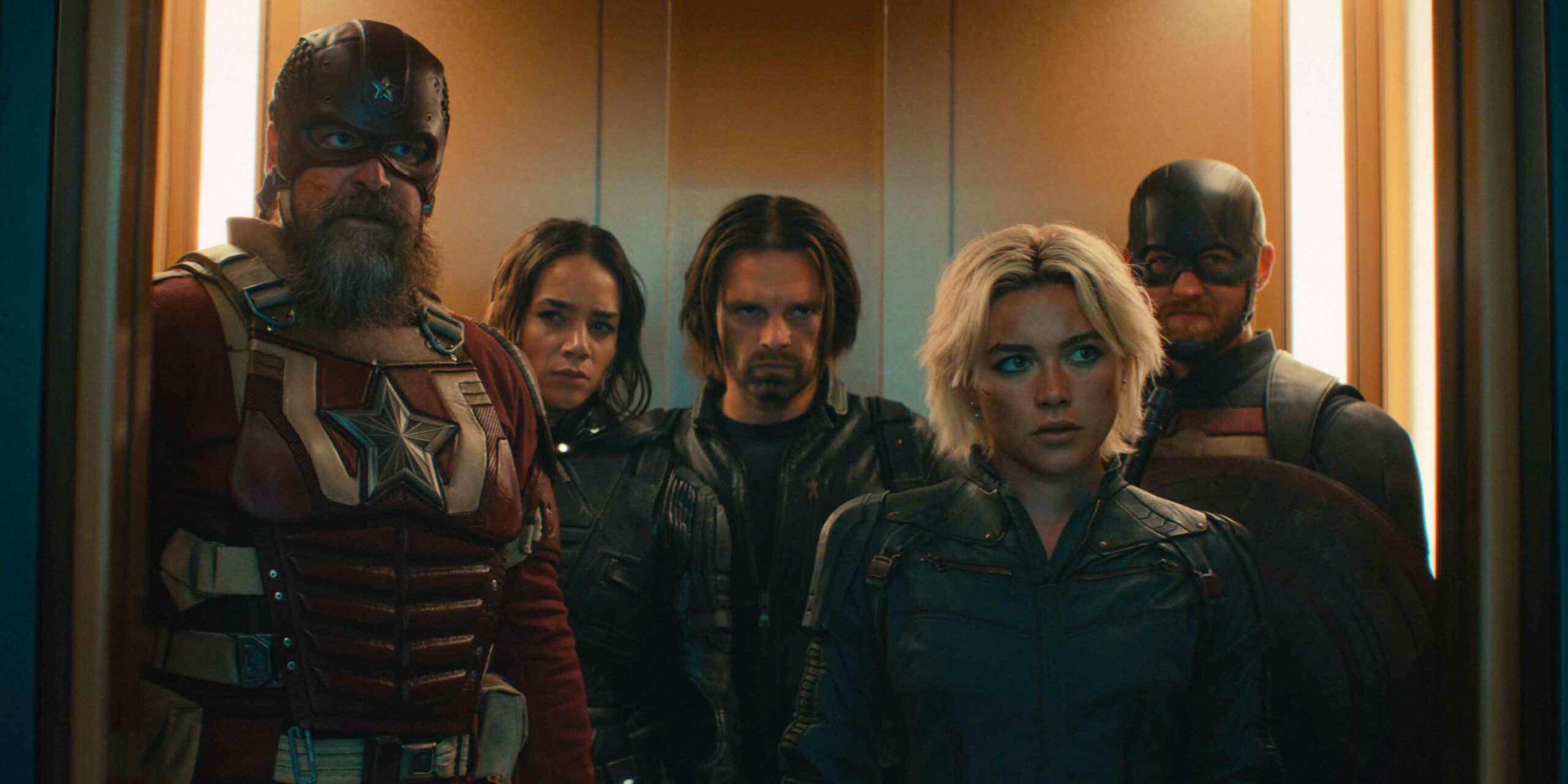 Alexei Shostakov (David Harbour), Ava Starr (Hannah John-Kamen), Bucky Barnes (Sebastian Stan), Yelena Belova (Florence Pugh), and John Walker (Wyatt Russell) in an elevator in ThunderboltsImage via Marvel Studios