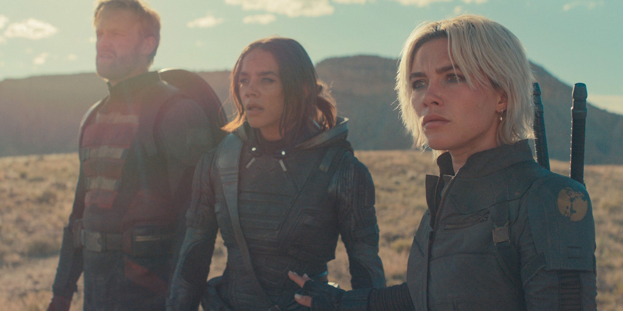 John Walker (Wyatt Russell), Ava Starr (Hannah John-Kamen), and Yelena Belova (Florence Pugh) looking focused in ThunderboltsImage via Marvel Studios