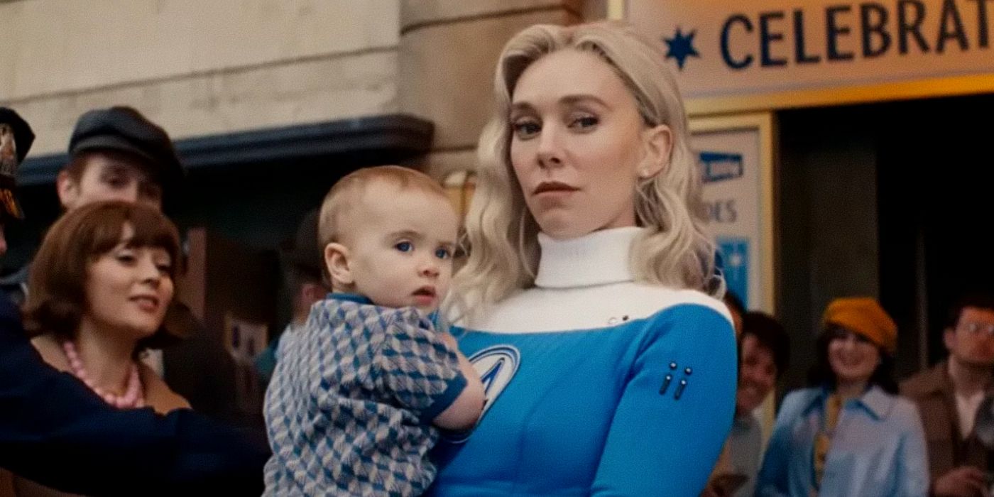 Vanessa Kirby's Sue Storm holds baby Franklin Richards amidst a crowd in The Fantastic Four First Steps