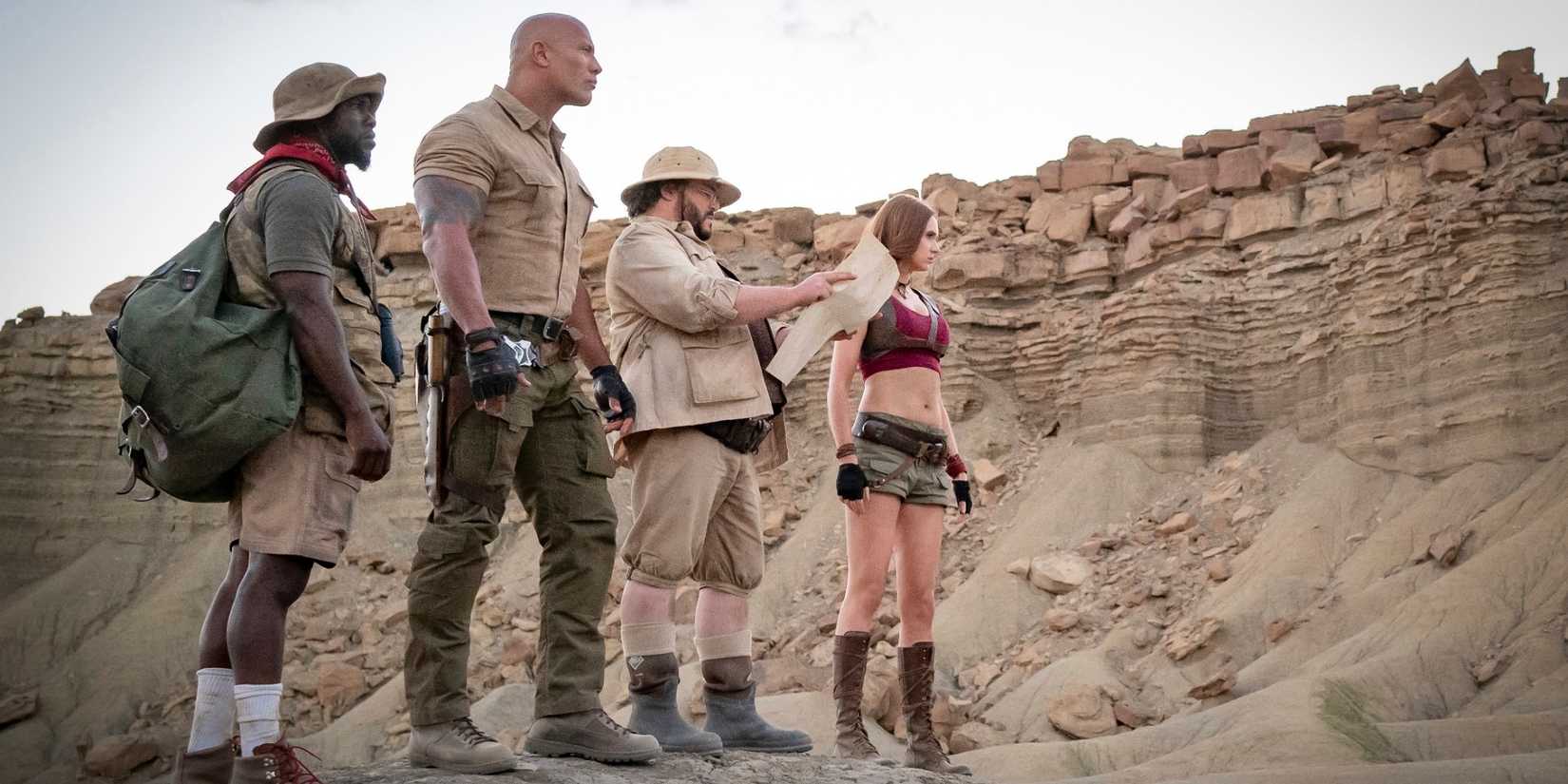 Kevin Hart, Dwayne Johnson, Jack Black e Karen Gillan em cena de Jumanji: Próxima Fase