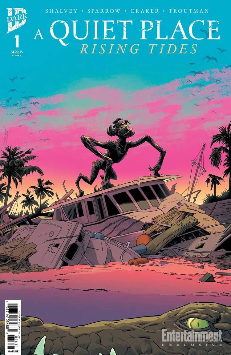 Alienígena sobre barco naufragado na capa de A Quiet Place: Rising Tides