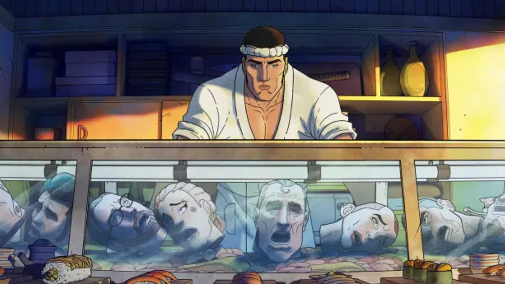Get Jiro observa cabeças em cena da série. Crédito: of Get Jiro from the show with a character