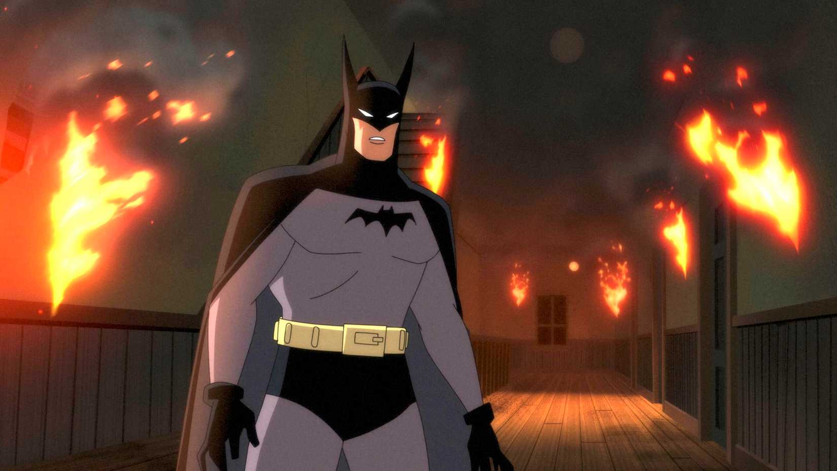 Batman em prédio em chamas na série Caped Crusader
