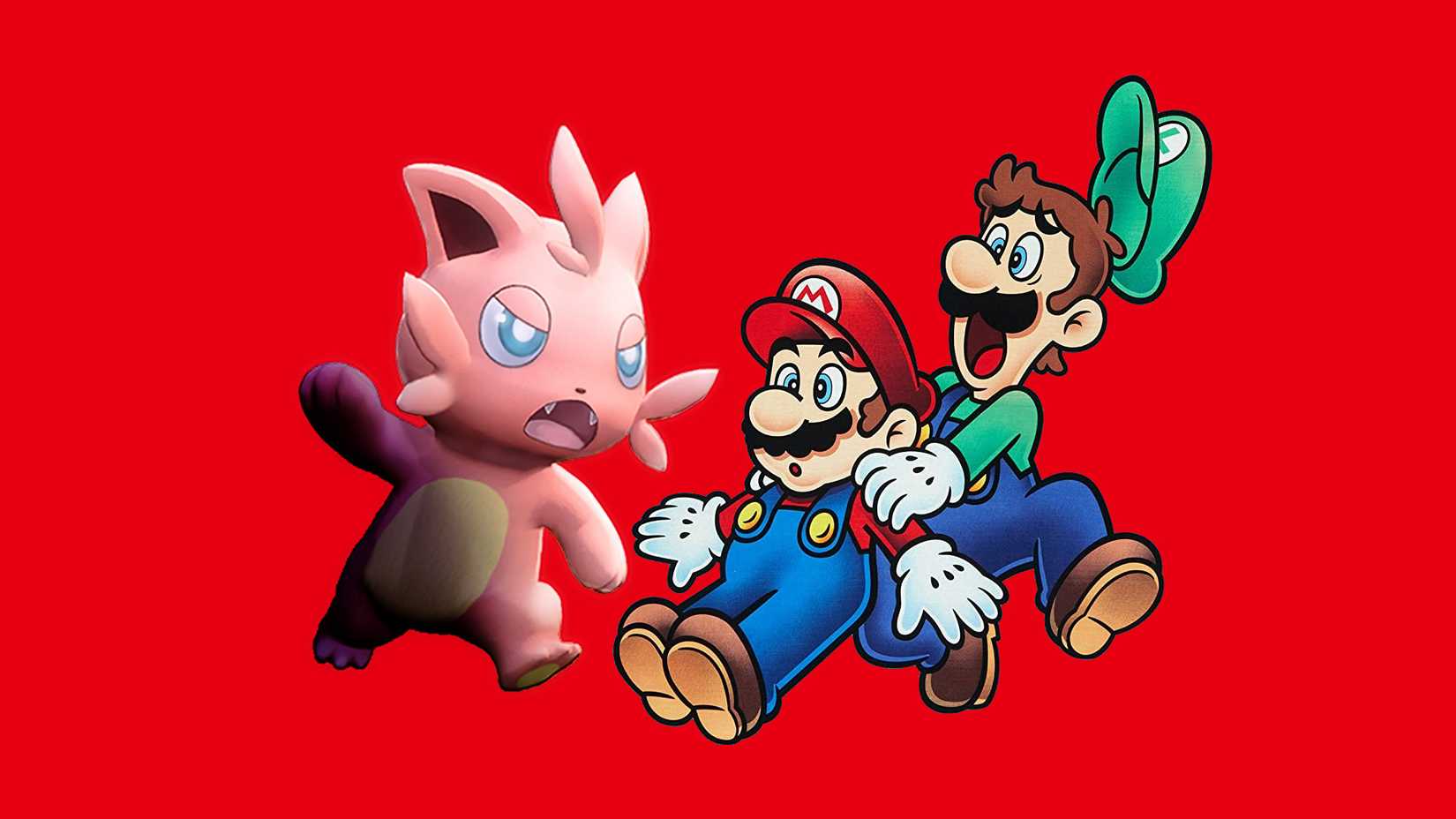 Cattiva, de Palworld, se aproxima de Mario e Luigi, de Mario & Luigi: Brothership, em fundo vermelho. Crédito