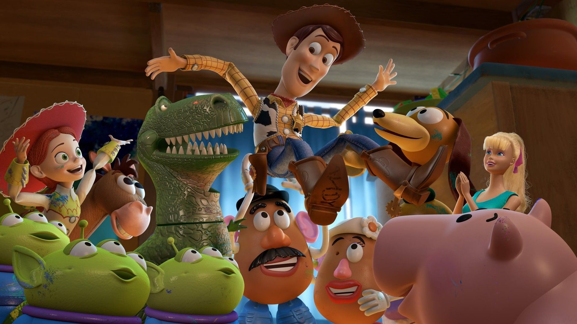 Woody, Jessie, Bala no Alvo, Rex, Betty, Sr. e Sra. Cabeça de Batata, os Aliens, Slinky e Hamm