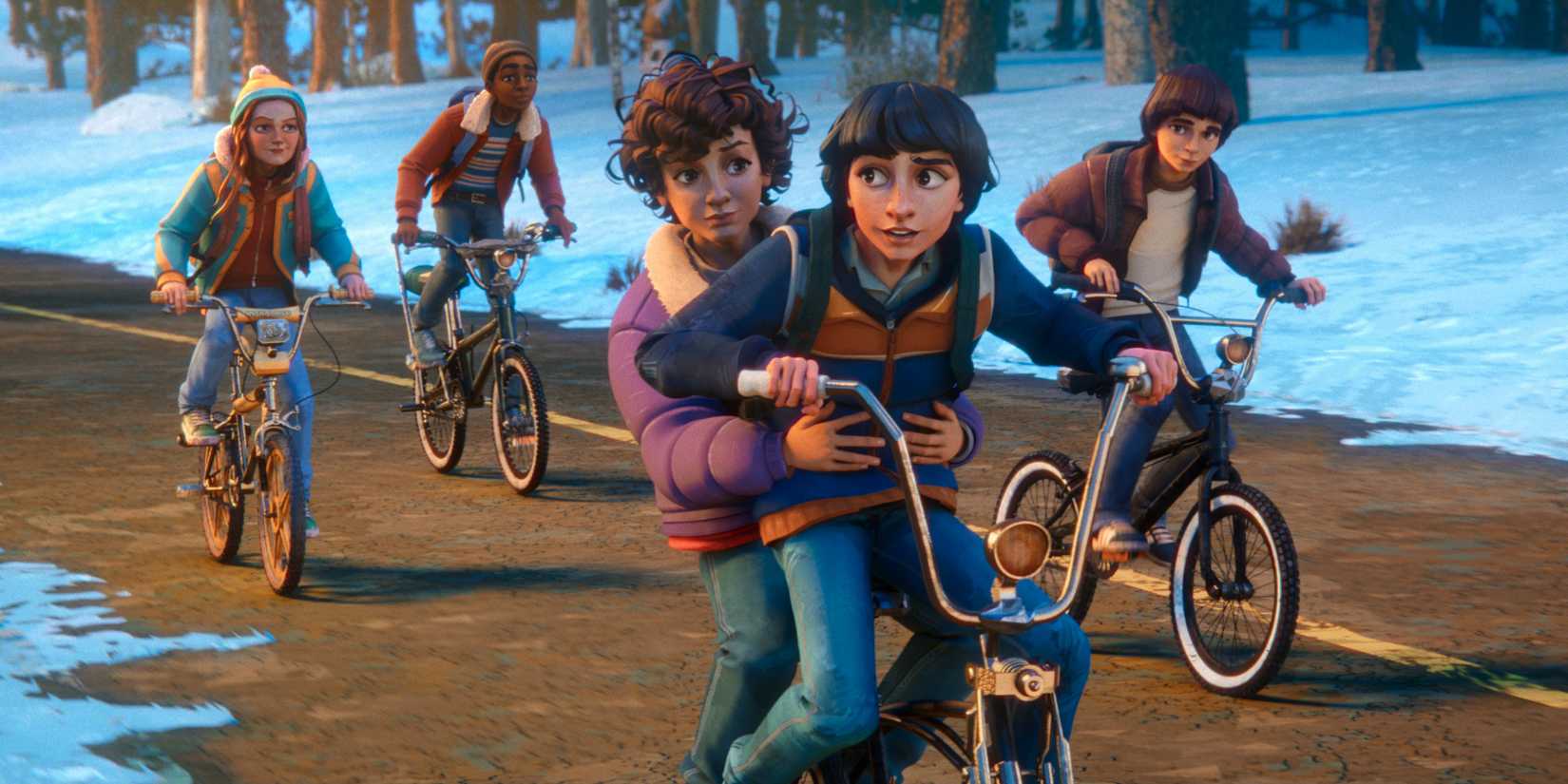 Eleven e Mike andam de bicicleta em Stranger Things: Tales from '85