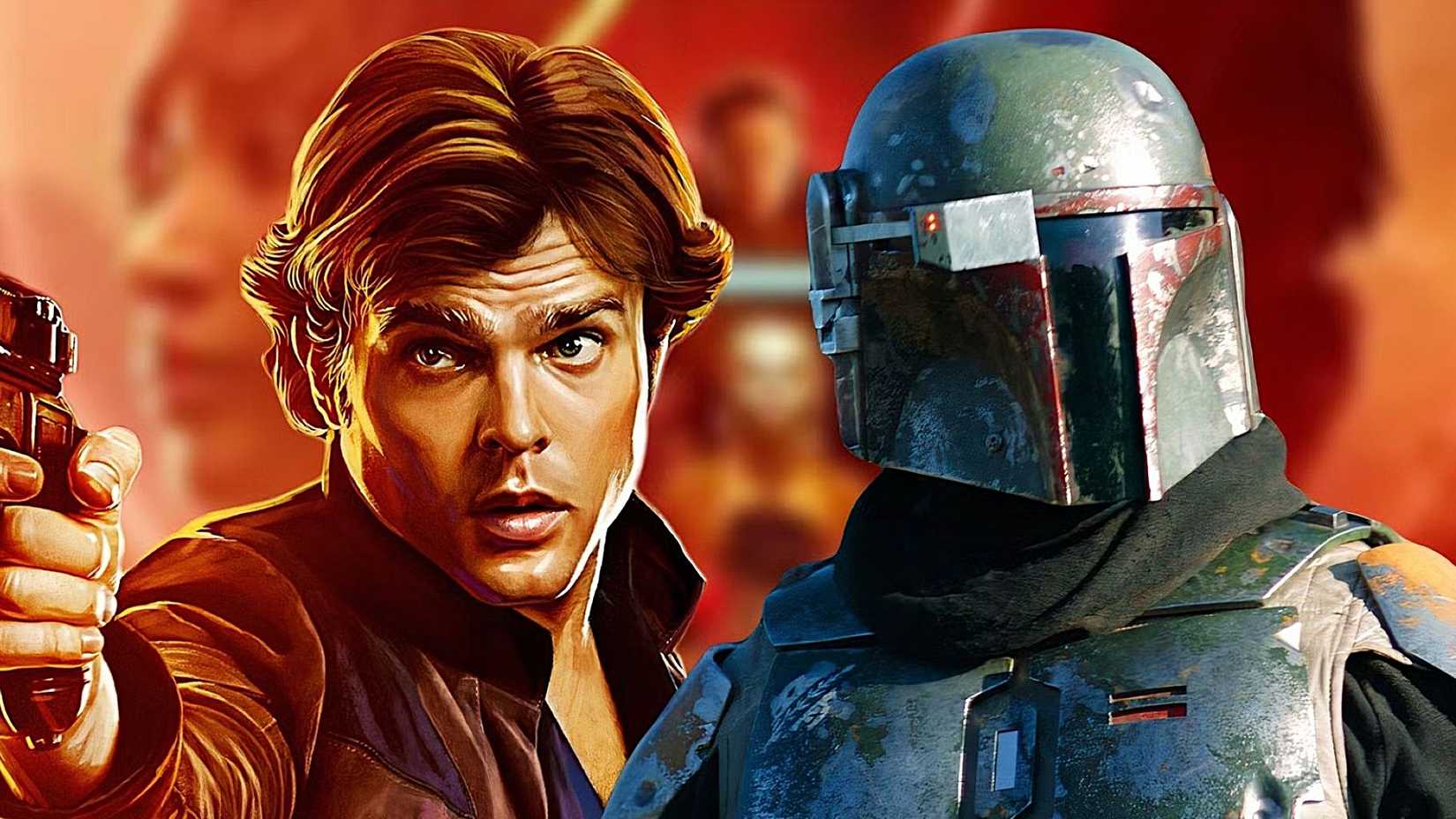 Han Solo e Boba Fett com fundo desfocado de Star Wars