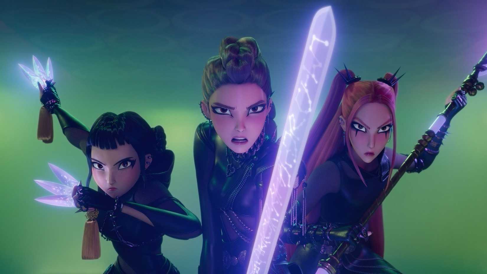 Caçadoras do grupo K-pop Demon Hunters empunham armas