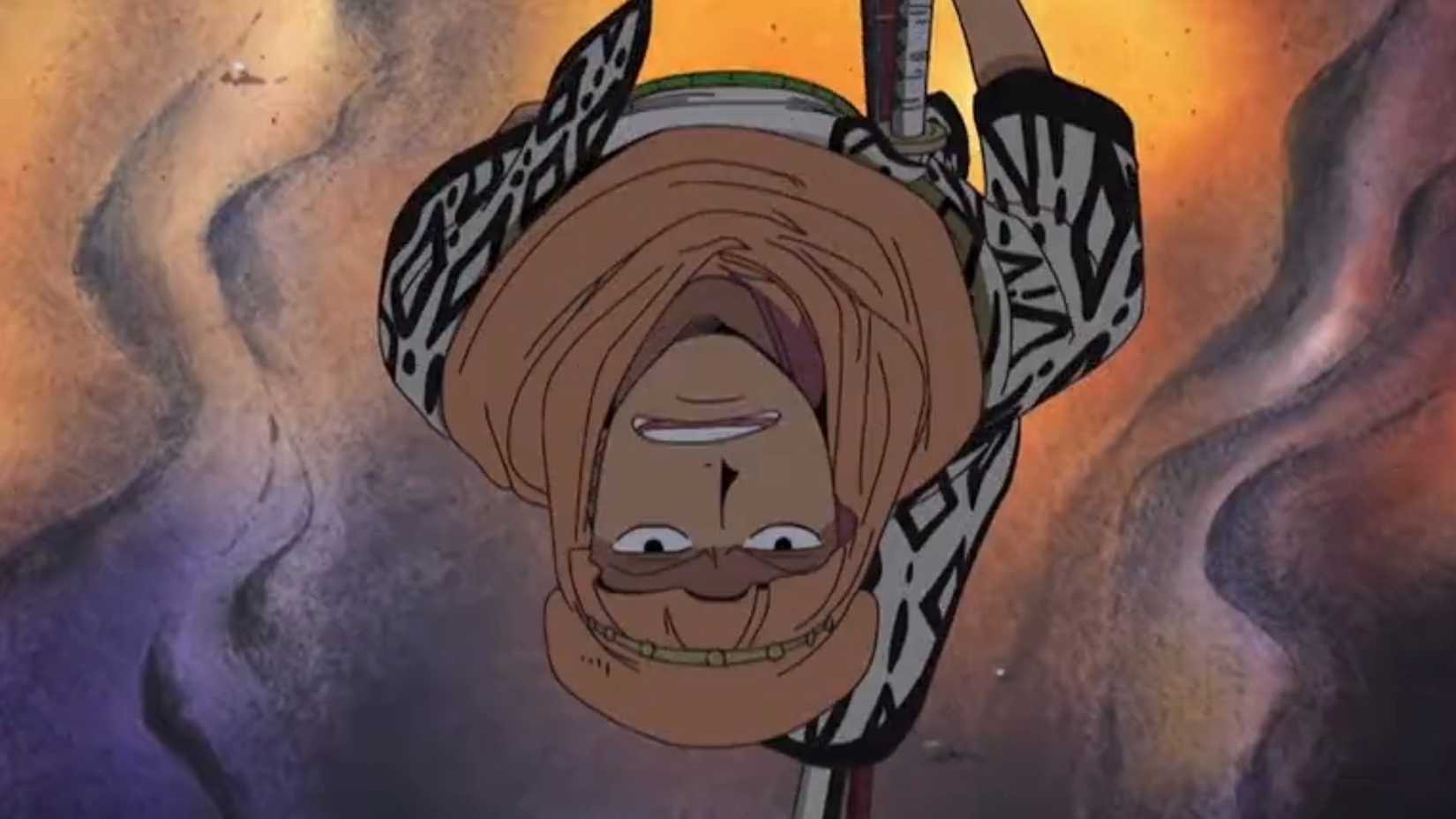 Zoro olha para cima em meio às ruínas onde ele, Luffy e Chopper estão presos