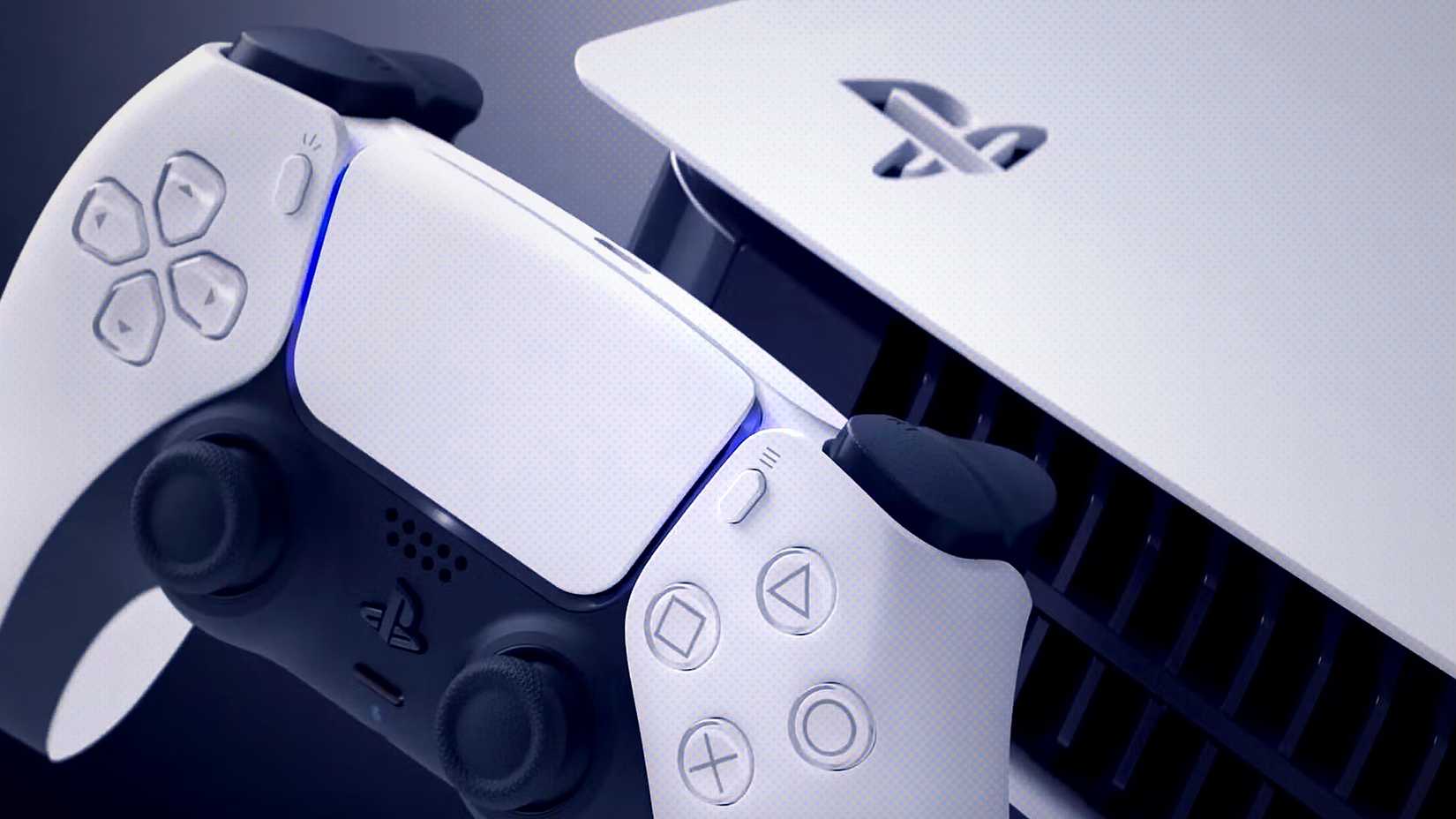 Controle DualSense ao lado de um PlayStation 5 na horizontal, com a grade de ventilação voltada para o