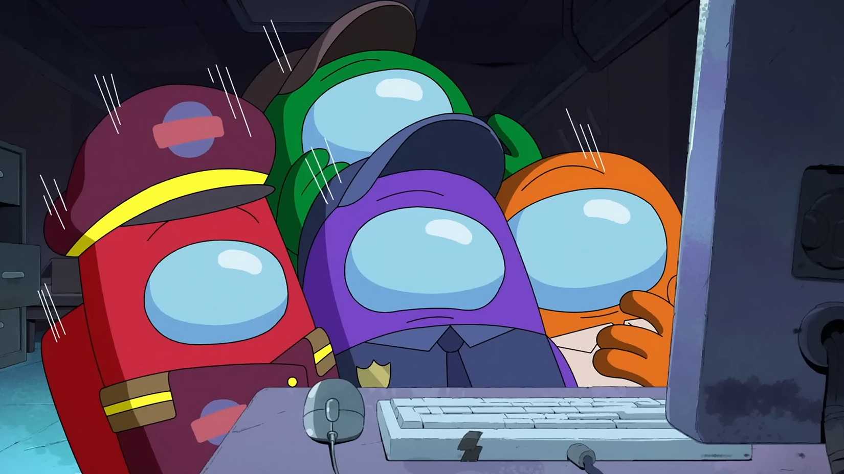 Red, Green, Purple e Orange reagem assustados a uma tela de computador em Among Us, temporada 1
