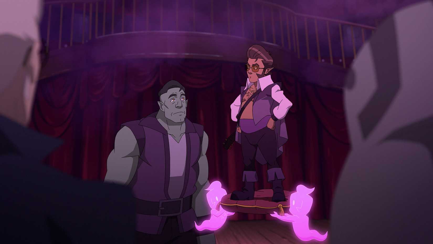 Scanlan olha com desdém para Lionel enquanto flutua em uma almofada em The Legend of Vox Machina