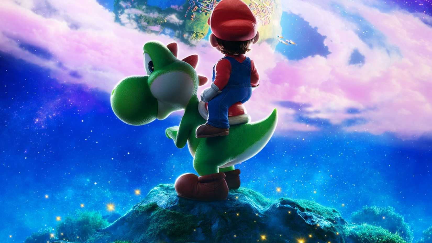 Pôster do filme Super Mario Galaxy com Mario e Yoshi em cenário colorido