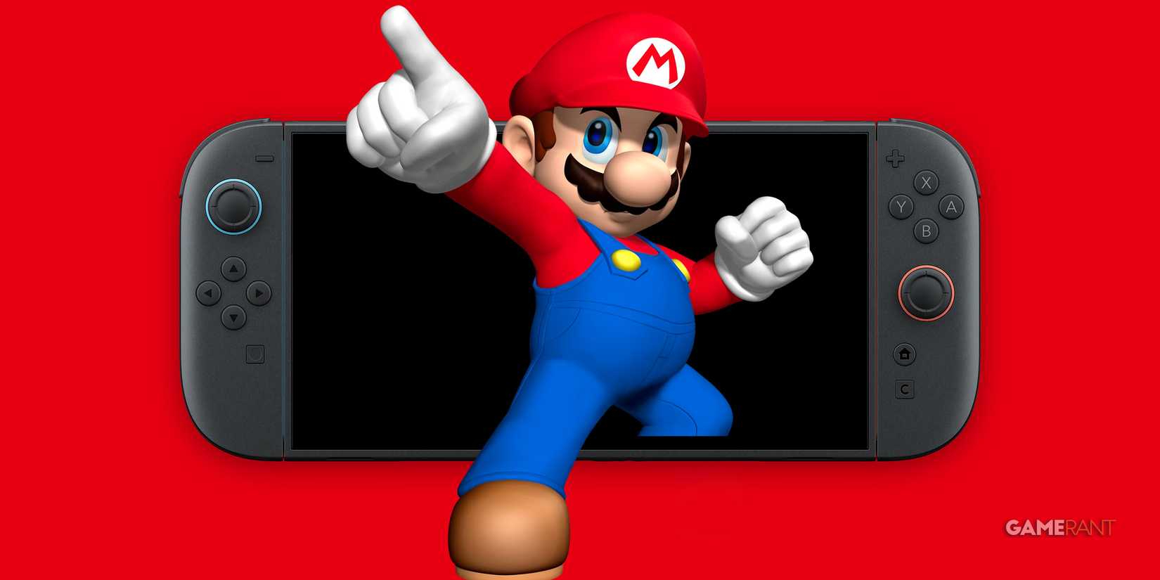 Nintendo Switch 2 em fundo vermelho com Mario saindo da tela