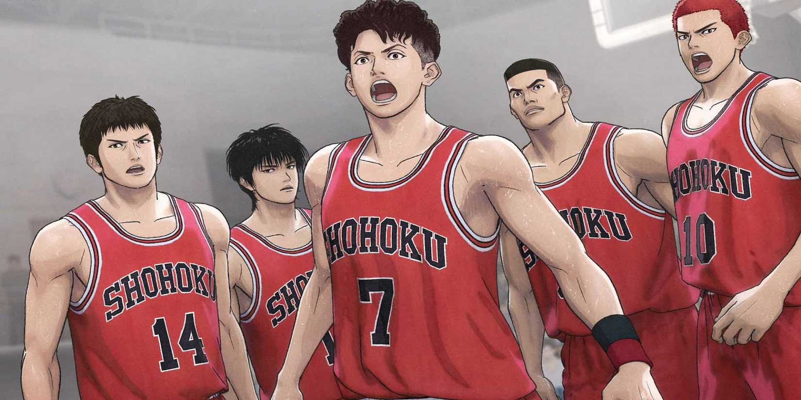 Time de basquete da Shohoku High reunido em quadra