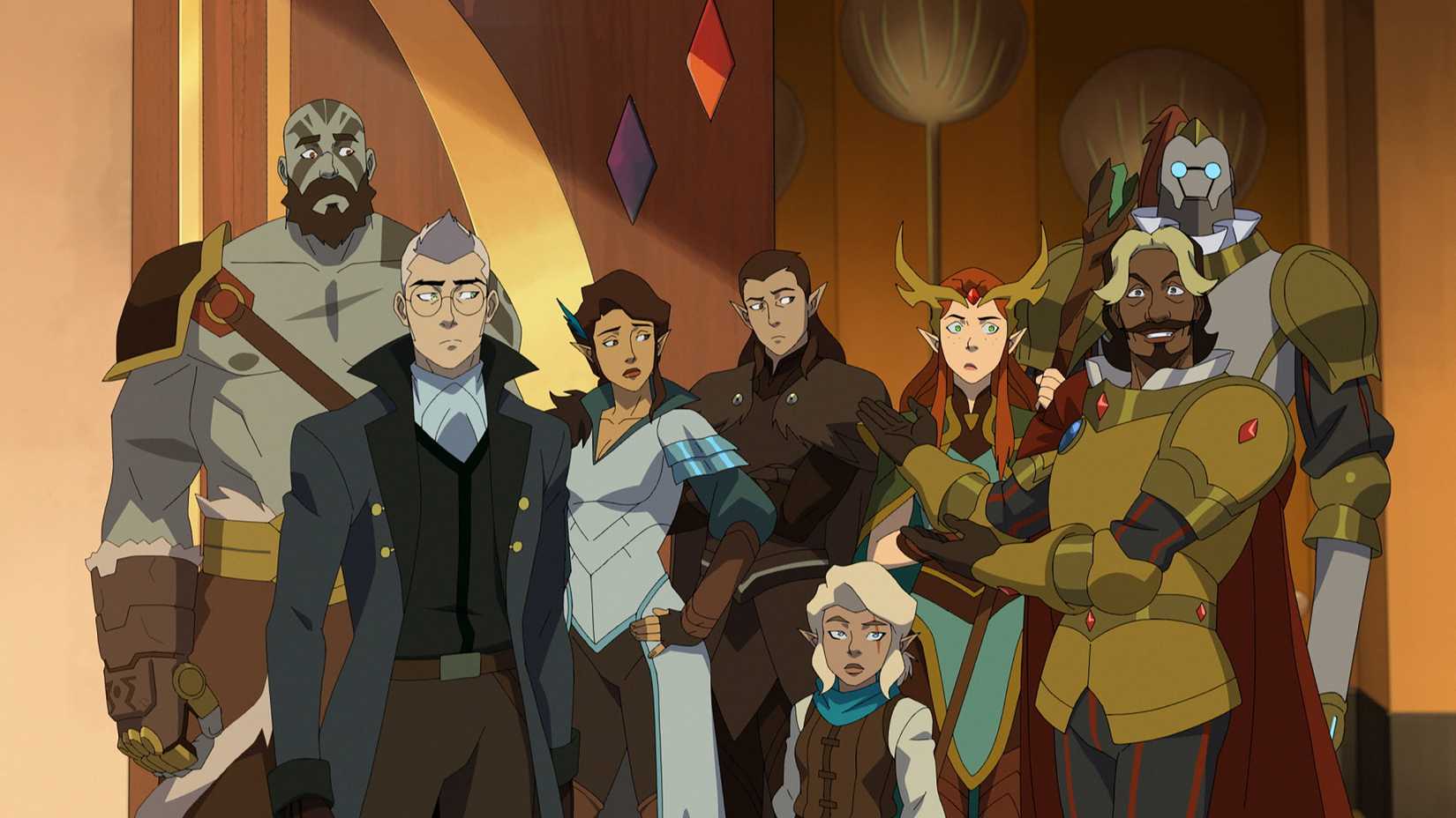 O grupo olha sem jeito para Taryon em The Legend of Vox Machina