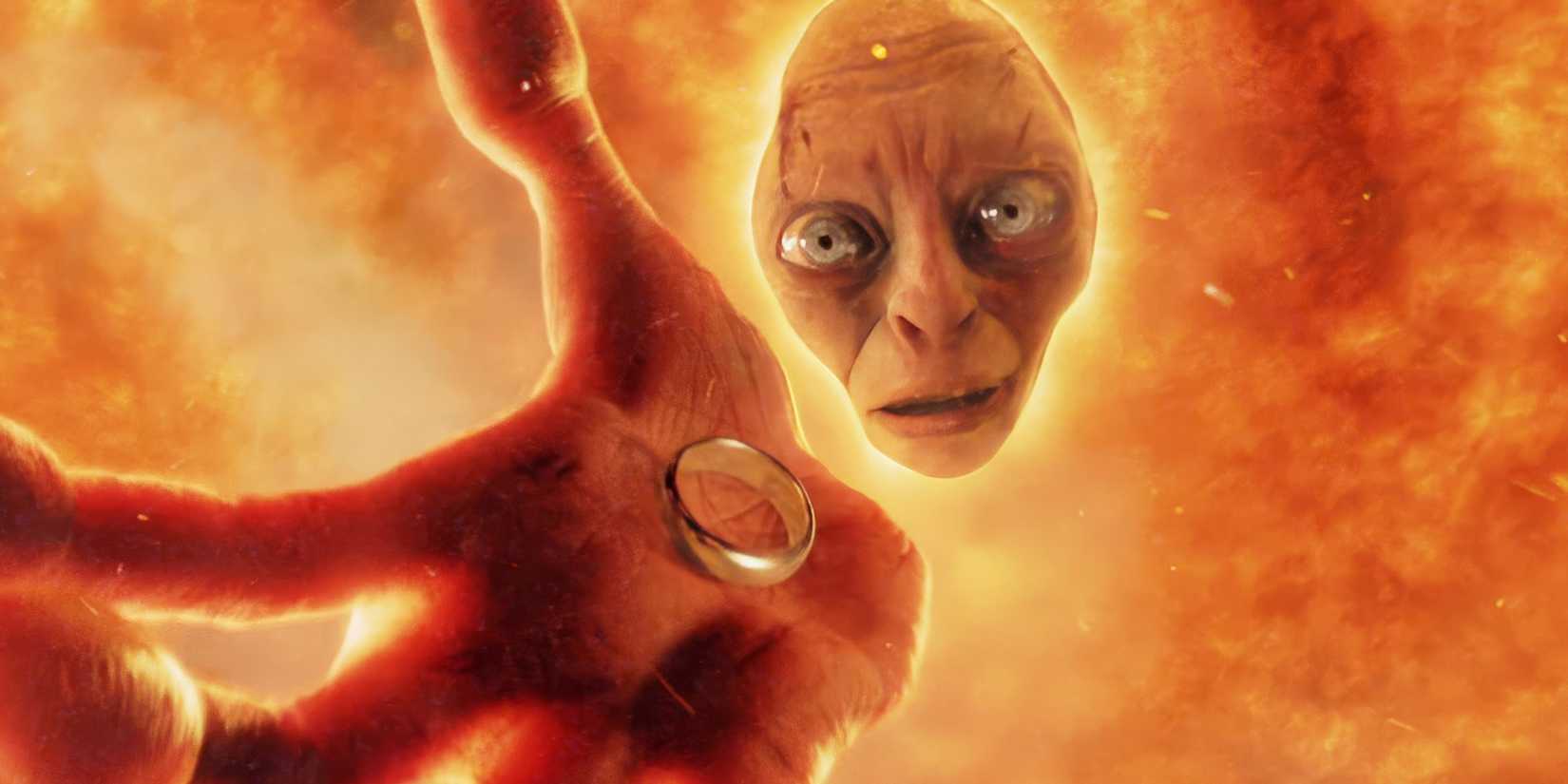 Gollum e o Um Anel submersos pela lava da Montanha da Perdição em O Senhor dos Anéis: O