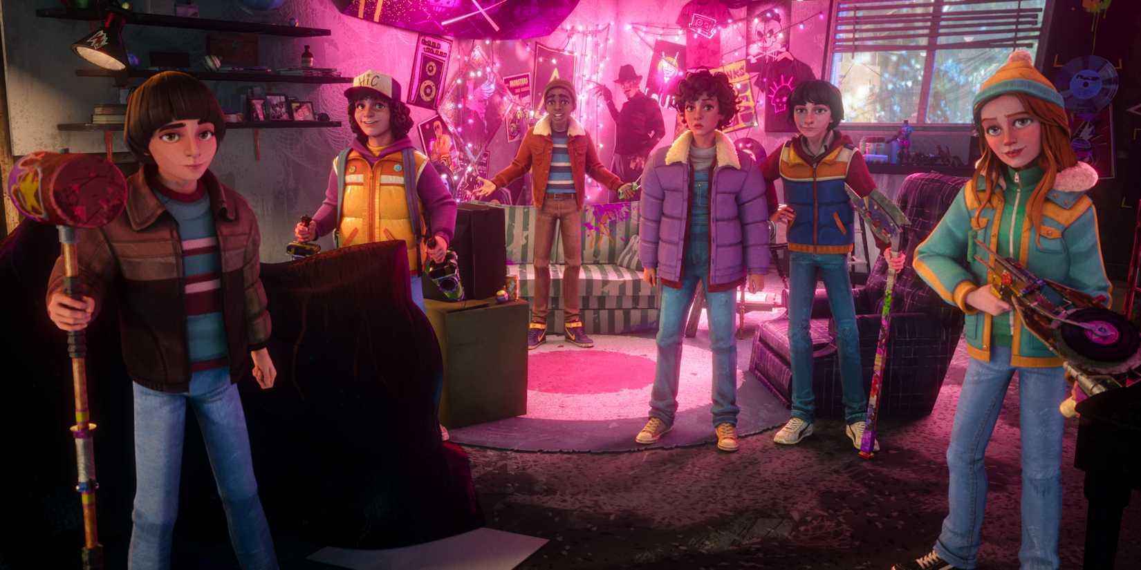 O elenco reunido em Stranger Things: Tales from '85