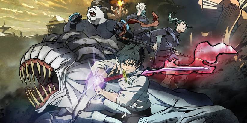 Yuta empunha sua espada em Jujutsu Kaisen 0, acompanhado por Rika, Panda, Maki e Inumaki